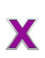 Obraz premium One lower case letter from purple glass with chrome frame alphabet set, isolated on white. Computer generated 3D photo rendering.