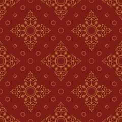Bright seamless pattern of circles and petals. Red and gold.