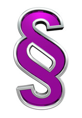 Paragraph sign from purple glass with chrome frame alphabet set, isolated on white. Computer generated 3D photo rendering.