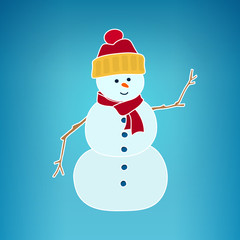 Christmas White Snowman in a Hat and Scarf on a Blue Background, Christmas Decorations, Merry Christmas and Happy New Year, Vector Illustration
