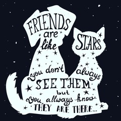 Cat and dog friends grungy card for Friendship Day with quote.
