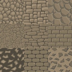 Vector cartoon stone wall seamless texture collection of 9 patterns.
