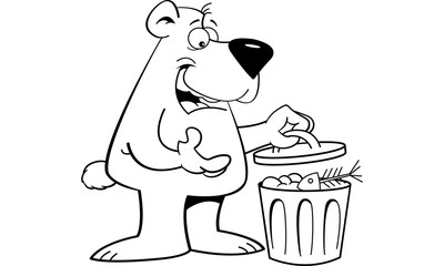 Black and white illustration of a bear looking in a garbage can.