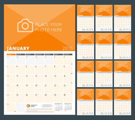Wall Calendar Planner for 2016 Year. Vector Design Print Template with Place for Photo and Notes. Week Starts Sunday. 3 Months on Page. Set of 12 Months