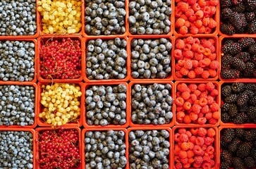 Colorful mixed berries in containers at the farmers market