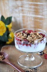 Dried Berry and Granola on Yogurt Glass