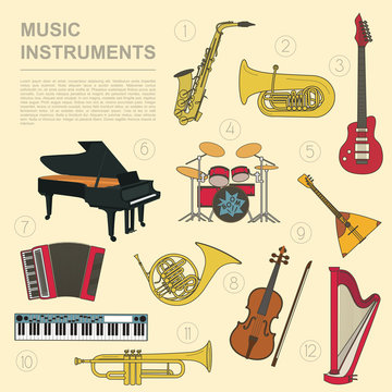 Musical instruments graphic template. All types of musical instr