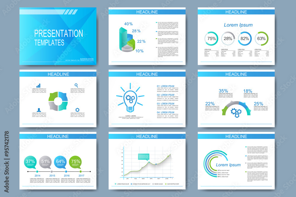 Poster Blue set of vector templates for presentation slides. Modern business design with graph and charts