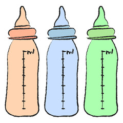 A set of three colored baby bottles, nipples, illustration, vector