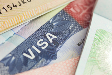 USA visa in a passport - selective focus - macro background - 95745197
