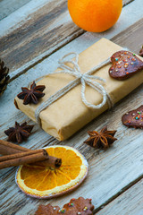 Christmas gift box, cookies and fruits