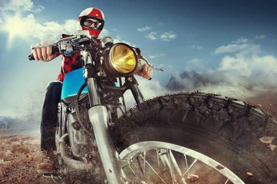 Fototapeta Biker seat on the motorcycle under sky with clouds  