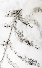 Mountains in the fog, a lonely pine. Watercolor painting. Monochrome