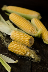 Organic sweet corn on wooden table. Selective focus.