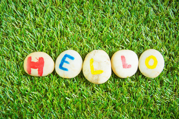 hello paint on stone , on the grass