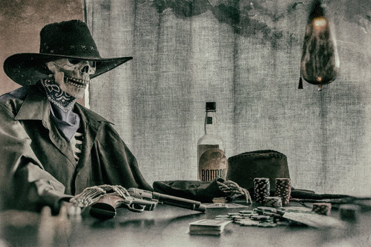 Old West Poker Playing Skeleton Gun. Old west bandit outlaw skeleton at a poker table with a pistol and bourbon, edited in vintage film style.