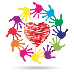 Concept circle of hands, red heart love symbol