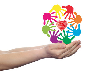 Concept circle of hands, red heart love symbol