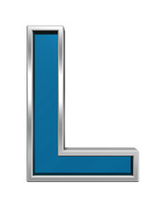 One letter from blue glass with chrome frame alphabet set, isolated on white. Computer generated 3D photo rendering.