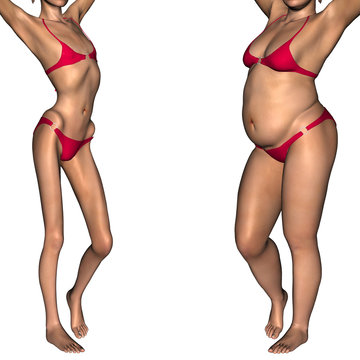 Conceptual 3D woman as fat vs anorexic before and after