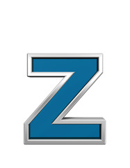 One lower case letter from blue glass with chrome frame alphabet set, isolated on white. Computer generated 3D photo rendering.