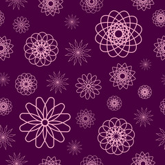 Violet abstract seamless pattern. Set of spirograph elements. Vector illustration.