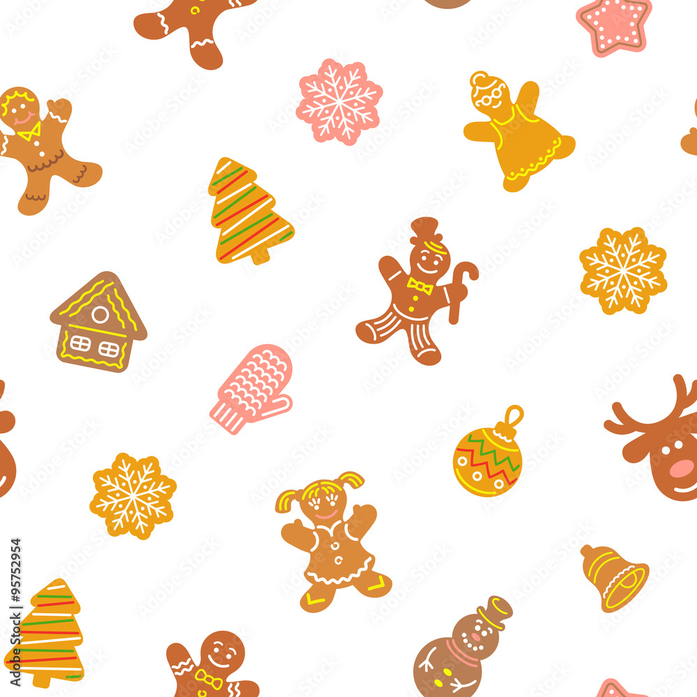 Canvas Prints flat vector christmas background seamless pattern with different cookies. gingerbread men, deer, sno