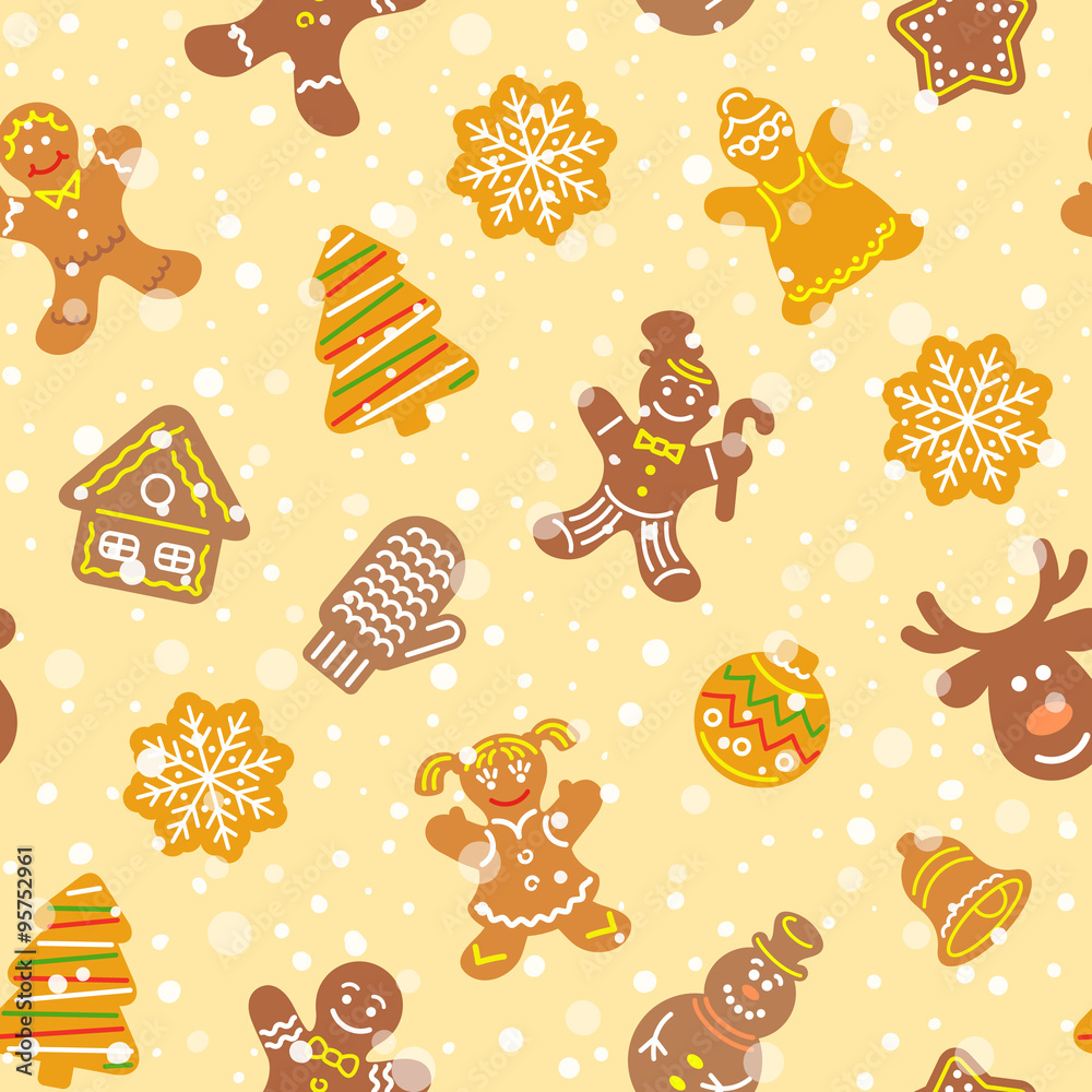 Canvas Prints flat vector christmas background seamless pattern with different cookies. gingerbread men, deer, sno