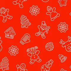 Foto auf Glas Flat vector Christmas background seamless pattern with different cookies. Gingerbread men, deer, snowflake, bell and other winter holidays symbols. Traditional festive wallpaper, wrapping paper design © vectorikart