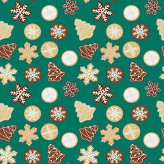 Gingerbread cookies seamless pattern. Illustration of tasty christmas cookies on a green background