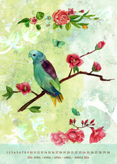 Vintage 2016 wall calendar with watercolor birds and flowers; April