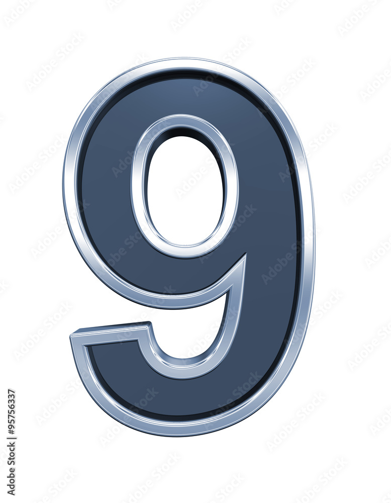 Fototapete one digit from grey glass with chrome frame alphabet set, isolated on white. computer generated 3d p