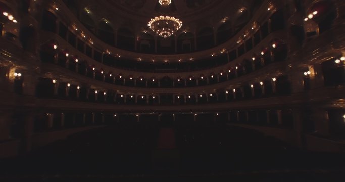 Flying inside the Opera house. Turning on the illumination. Ukraine.