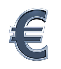 Obraz premium Euro sign from grey glass with chrome frame alphabet set, isolated on white. Computer generated 3D photo rendering.