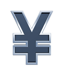 Yen sign from grey glass with chrome frame alphabet set, isolated on white. Computer generated 3D photo rendering.