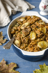Rice with meat and bananas in tomato sauce   