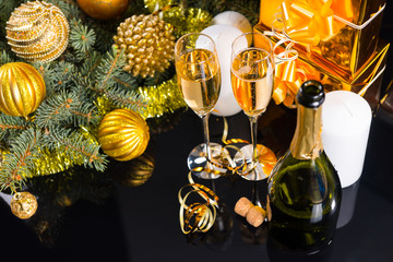Festive Champagne with Christmas Decorations