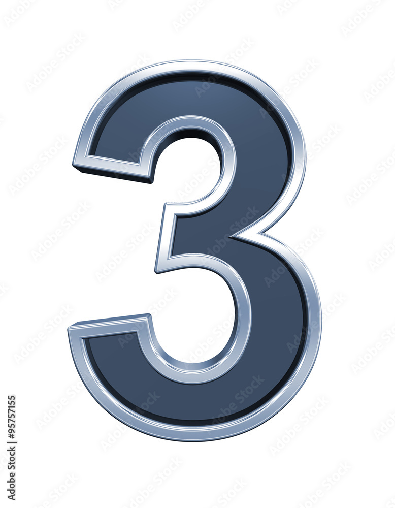 Fototapete one digit from grey glass with chrome frame alphabet set, isolated on white. computer generated 3d p
