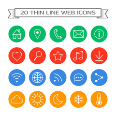 Set of 20 universal web icons for media, communication, business, mobile and  meteorology. Thin line icons for design. Vector illustration.