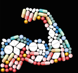 Anabolic drugs, pills and capsules, that shape the biceps of a muscular man. Illustration over black background.