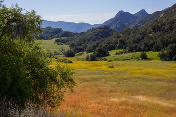 Beautiful panoramic view of the valley surrounded by mountains i