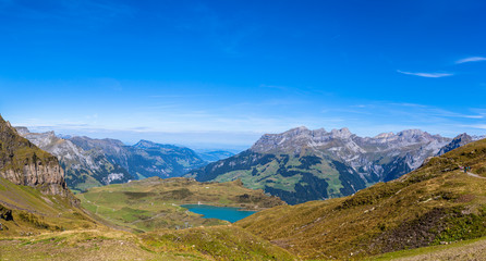 Fototapeta na wymiar Aerial view of Truebsee and the Alps