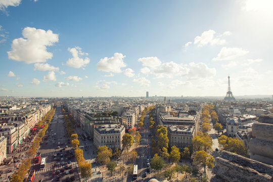 The Eiffel Tower and Champs Elysees gorgeous panorama from Arc d