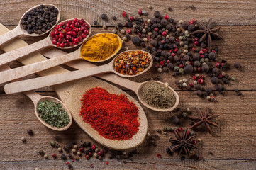 Spices in spoons, wooden background