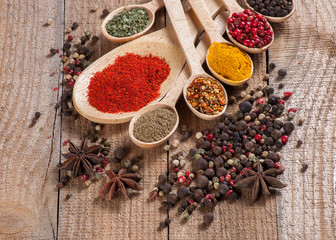 Spices in spoons, wooden background