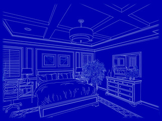 White Custom Bedroom Design Drawing on Blue