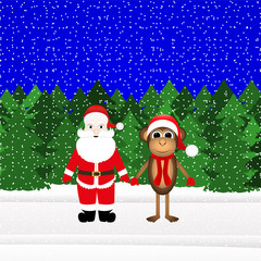 Santa Claus and Christmas monkey in the forest