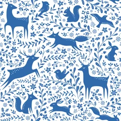 Papier peint Animaux de la forêt Motif forêt de Noël bleu