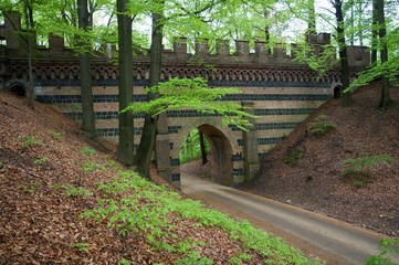 Park near castle of Prince Pueckler in Bad Muskau in Saxony, Germany. It is located on both sides of the Neisse River which is the Polish and German border.