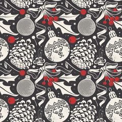 Christmas Hand-drawing Seamless Pattern with Glass Ball, Mistletoe, Berry and Pine Cone